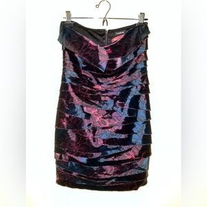 Bebe satin strapless party mini dress. Multicolor with zipper back.